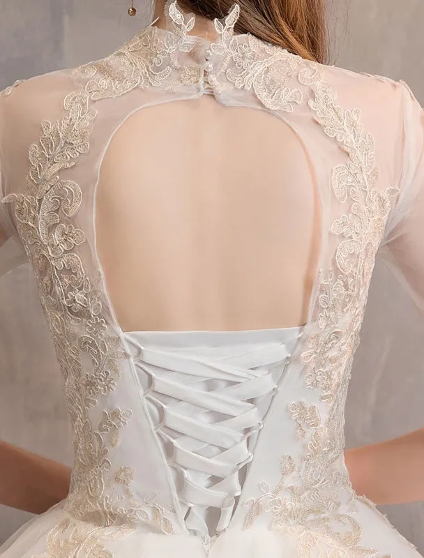Tulle Wedding Dresses Princess Bridal Gown Illusion Collar Half Sleeve Floor Length Bridal Dress